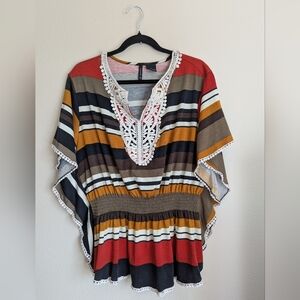 New Directions Striped Boho Tunic with Flutter Sleeves Size L